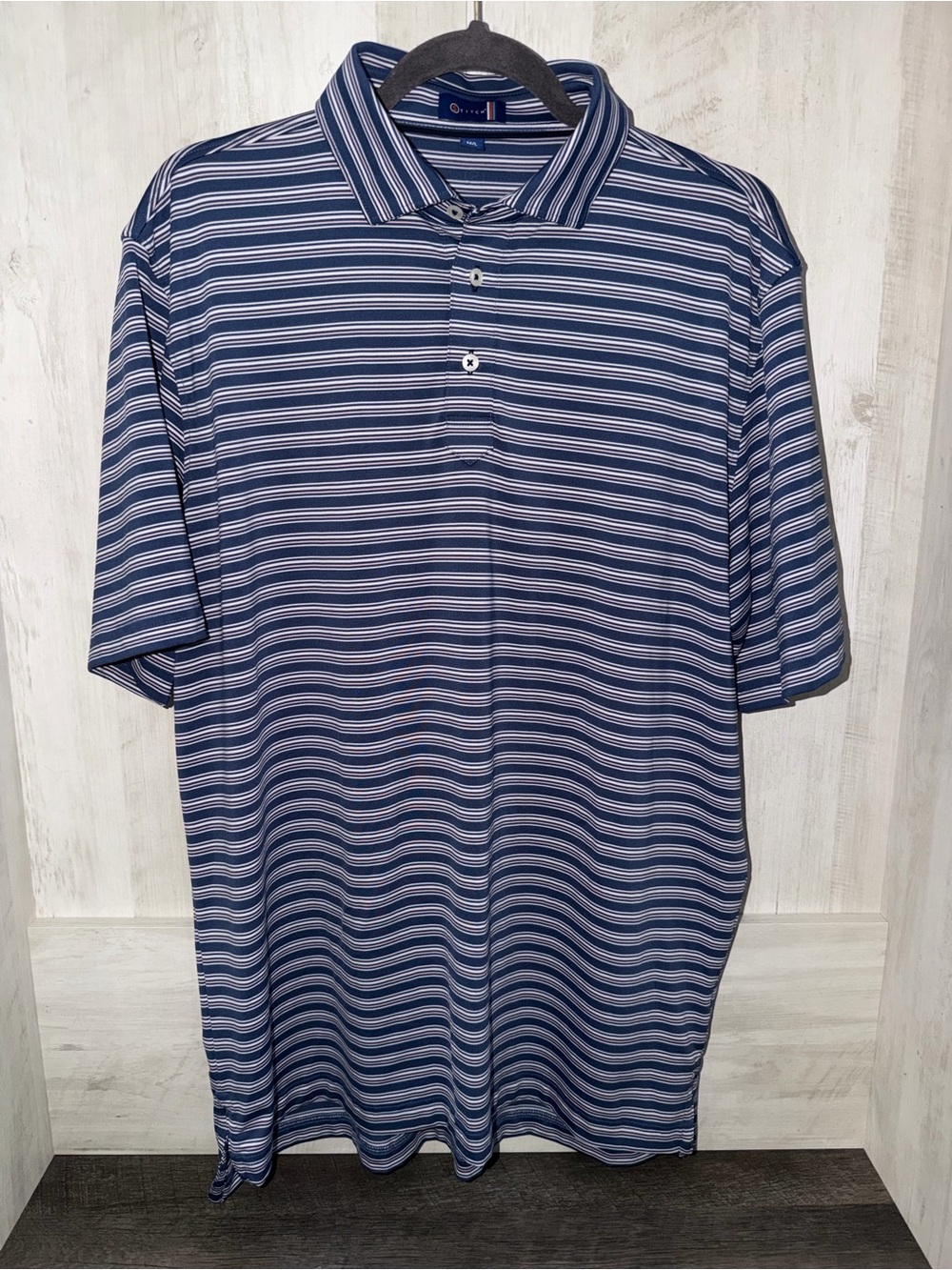 Stitch Striped Navy Polo Shirt w White & Pink Accents Carlton Woods Country Club